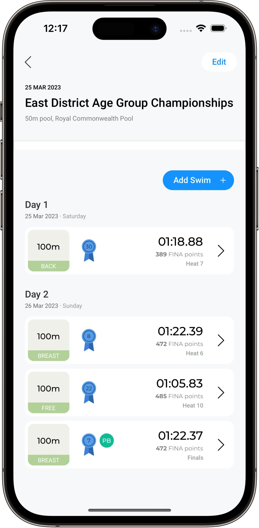 App screenshot of Meet Details page