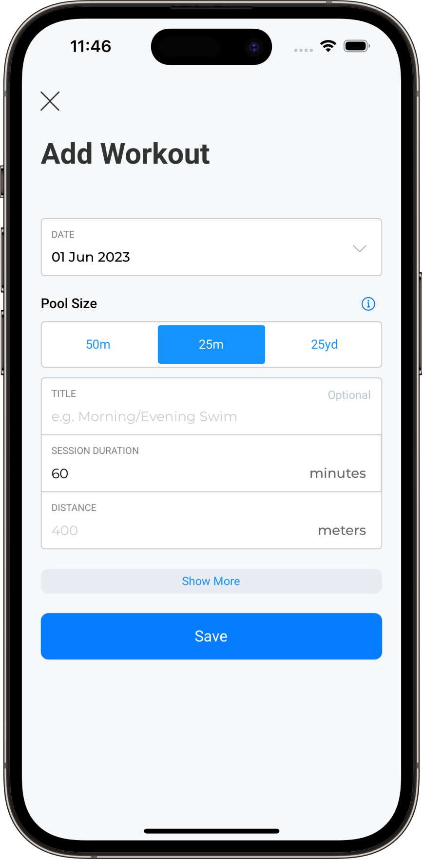 App screenshot of Add Workout page