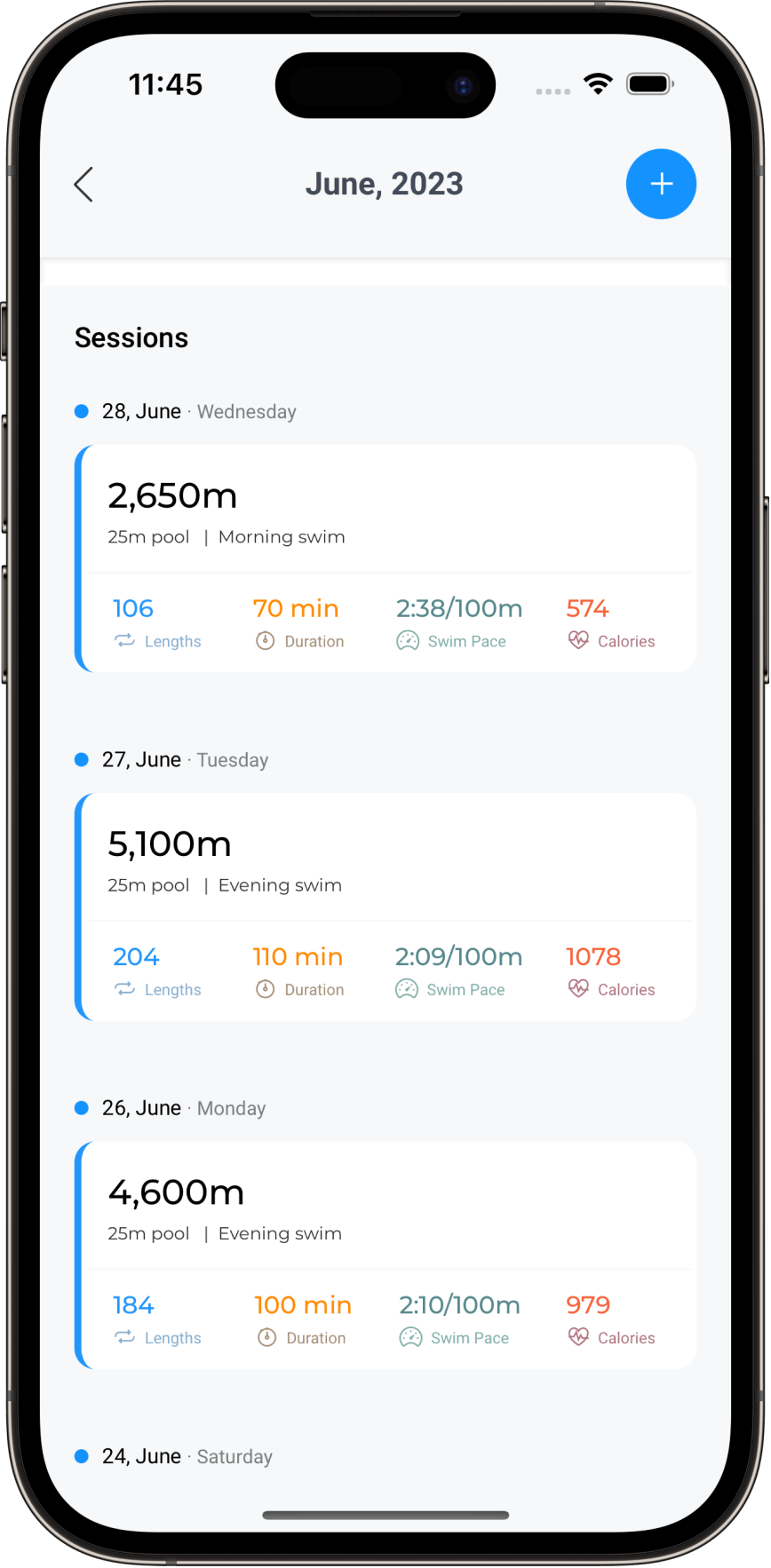 App screenshot of workout sessions with calculated calories