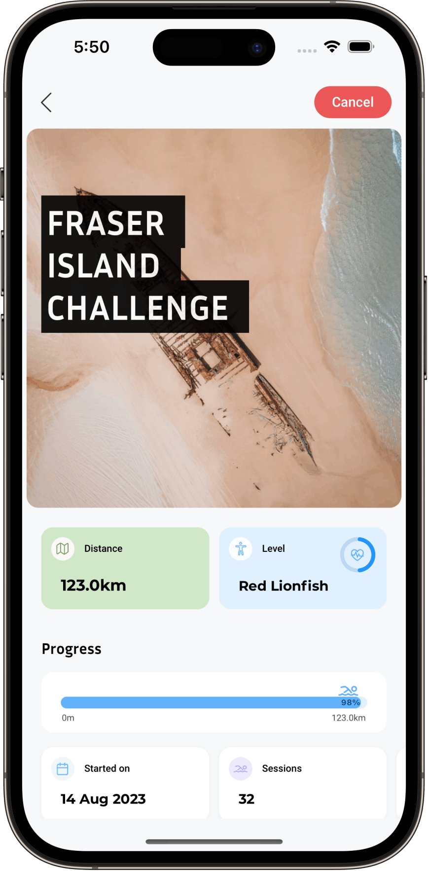 App screenshot of in progress Challenge Details page