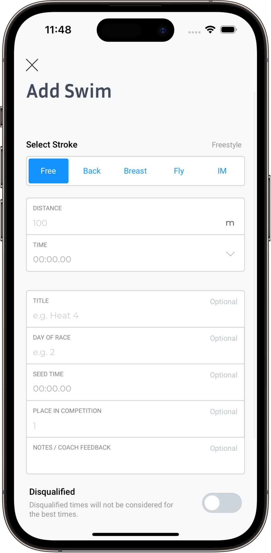 App screenshot of Add Swim page